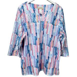 ALFRED DUNNER Top Plus Size 1X Pink Blue Brushstrokes 3/4 Lace Sleeve Tunic
